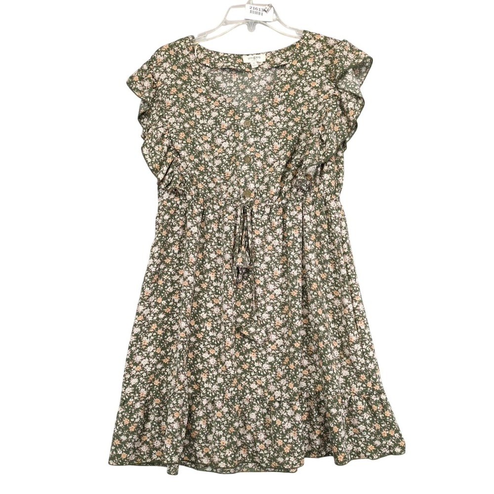 Umgee Sage Floral Flutter Sleeve Mini‎ Dress Sz M Tiered Tie Tassel Boho Summer